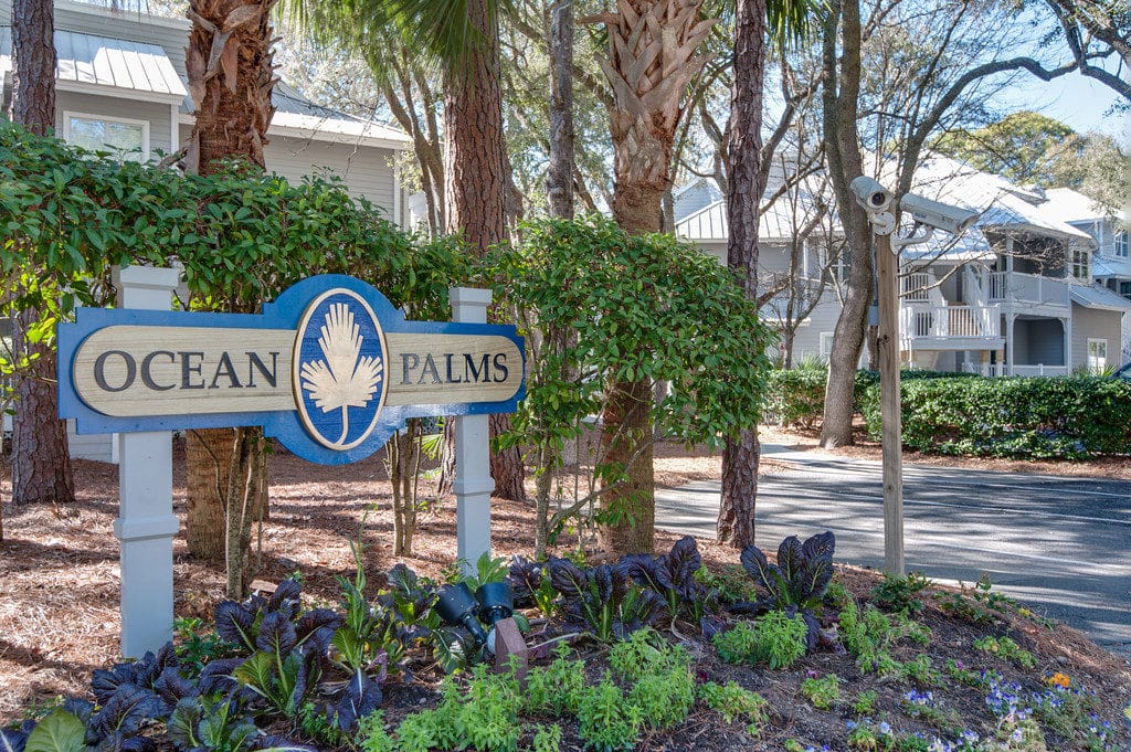 Ocean Palms Sign is near the resort-style villas on Hilton Head Island